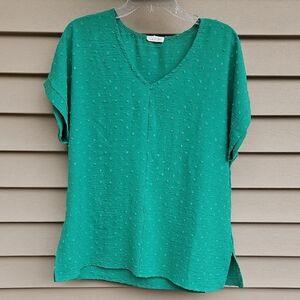 Cotton Bleu Solid Green Swiss Dot Short Sleeved V Neck Blouse Size M (Large)
